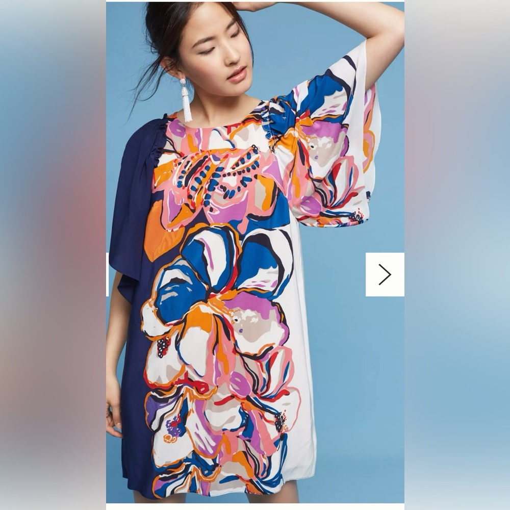Anthropologie Maeve Vero Floral Flutter Sleeves Silk Shift Mini Dress Sz XS‎